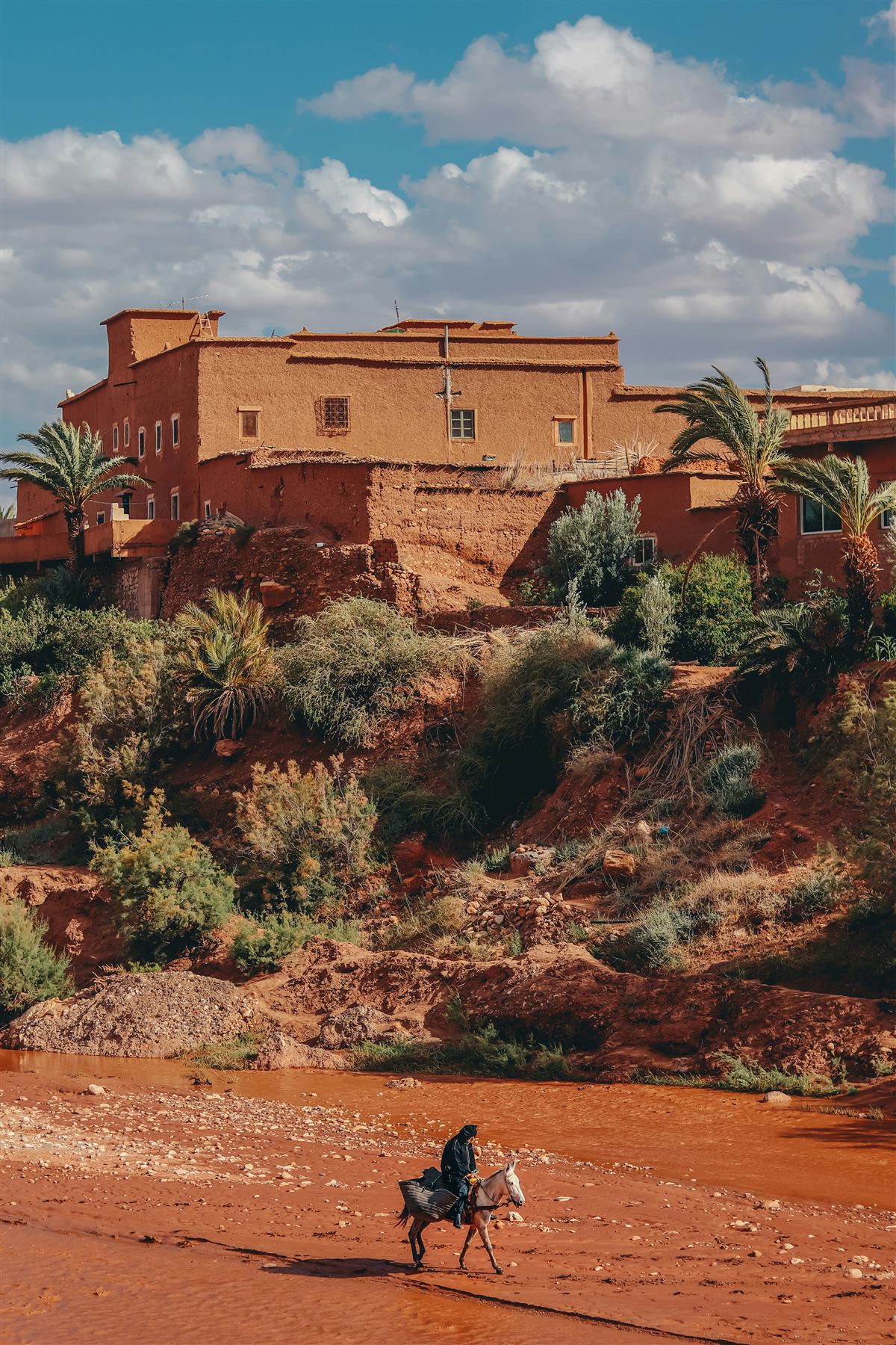 Mud-brick kasbah above a river in southern Morocco