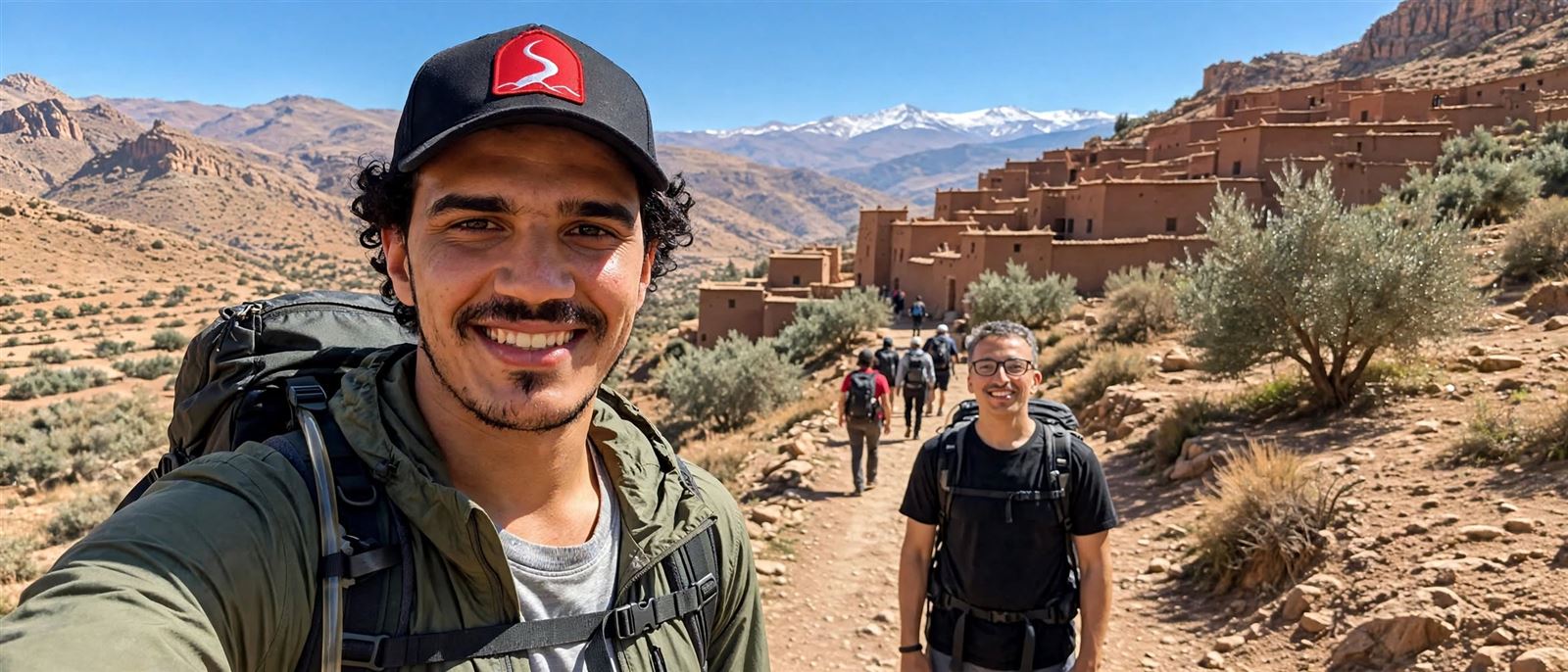 Abdellah and Karim hiking with travelers in the Atlas mountains