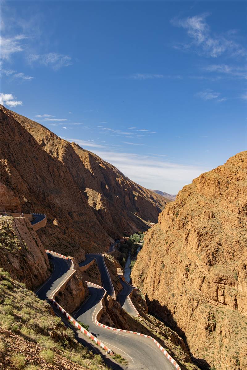 Dades Gorge winding switchback mountain road Morocco