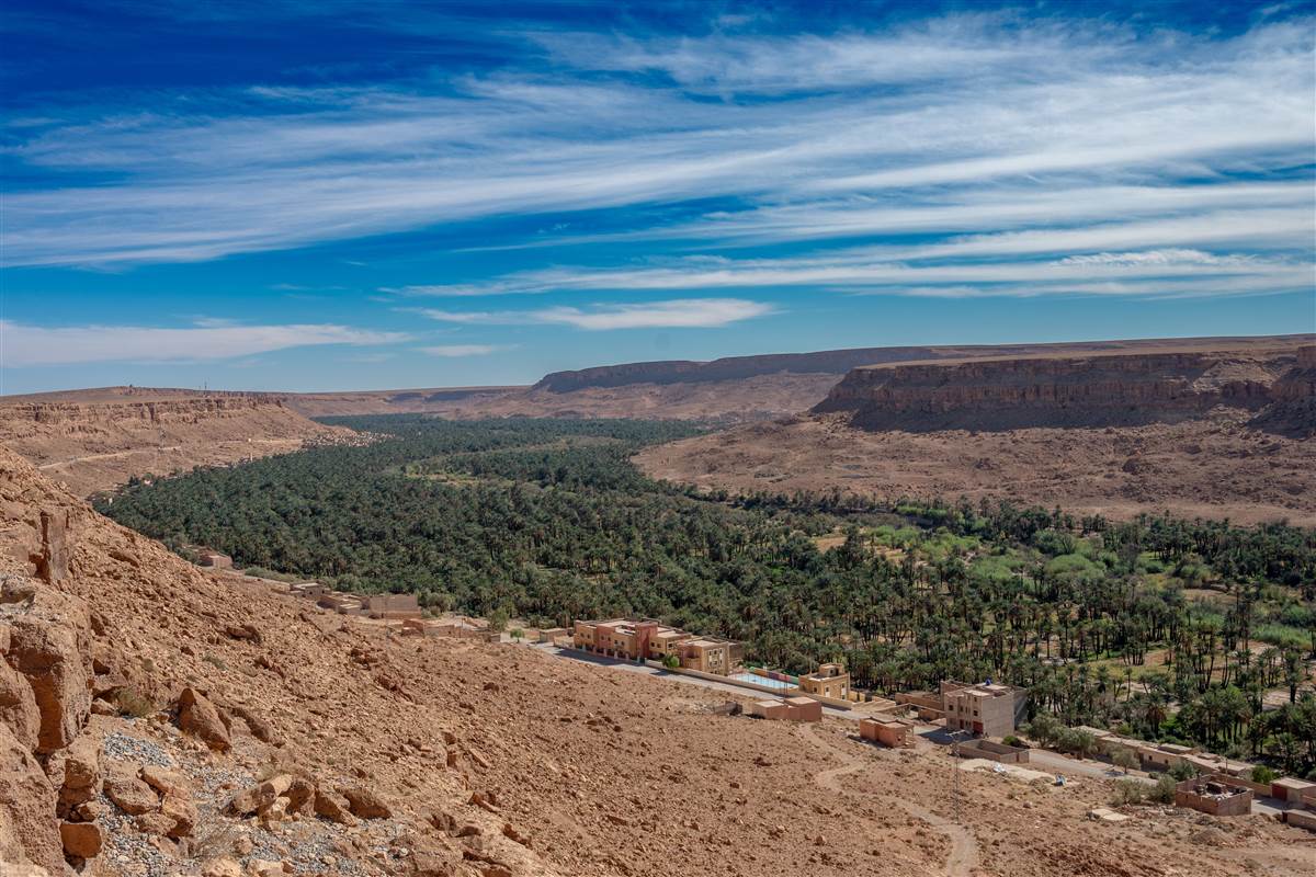 Errachidia Ziz Valley palm grove between desert cliffs Morocco