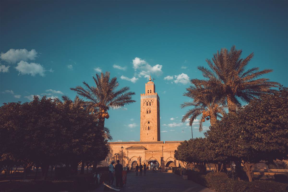 Koutoubia Mosque minaret with palm trees at golden hour Marrakech Morocco